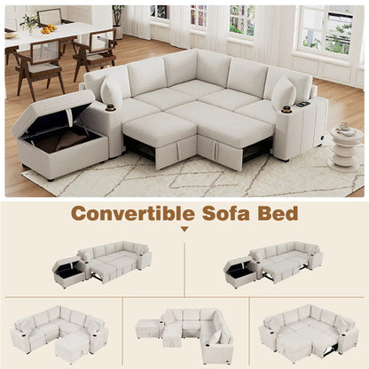 Sectional sofa with movable storage ottoman in light beige fabric on Tampa Home & Garden Store