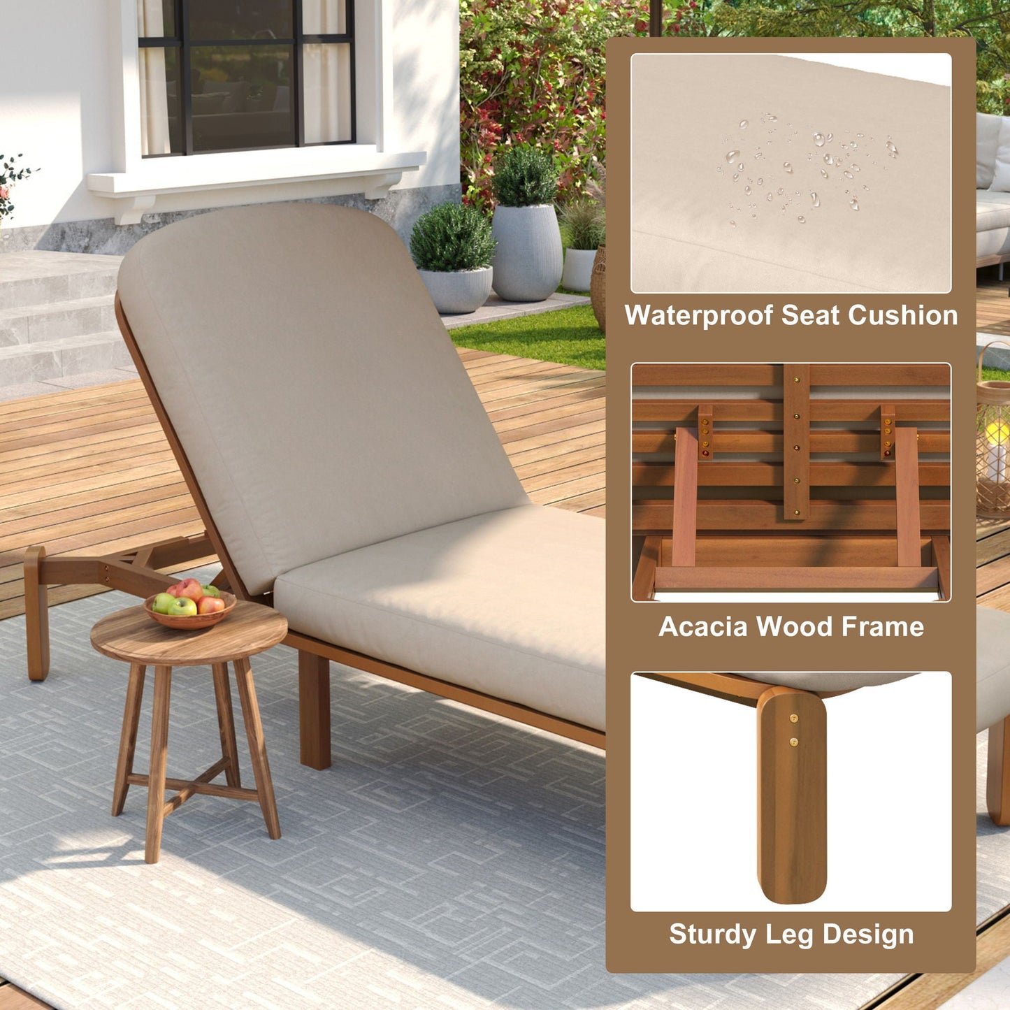 Outdoor chaise lounge with adjustable backrest beige cushion on wood frame by HouseOfZazla on Tampa Home & Garden Store