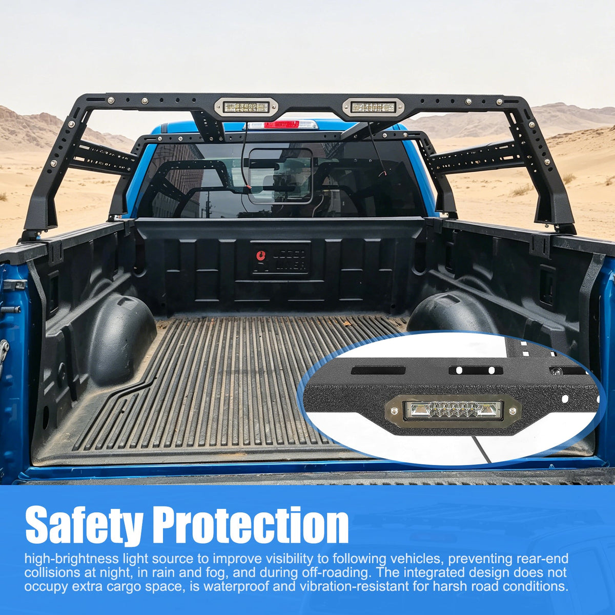 Overland Truck Bed Racks by HouseOfZazla with dual LED light bars on a blue pickup bed on Tampa Home & Garden Store