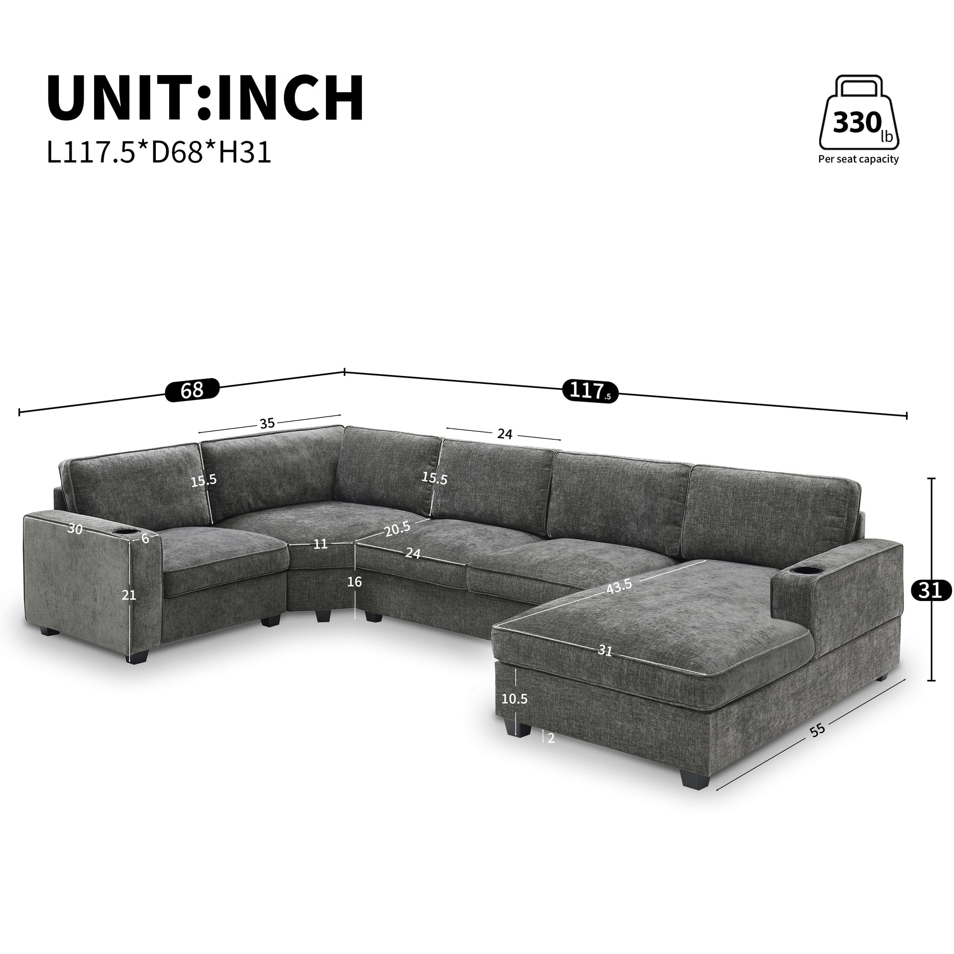 117.5-inch U-shaped sectional sofa in charcoal-gray fabric with chaise on Tampa Home & Garden Store