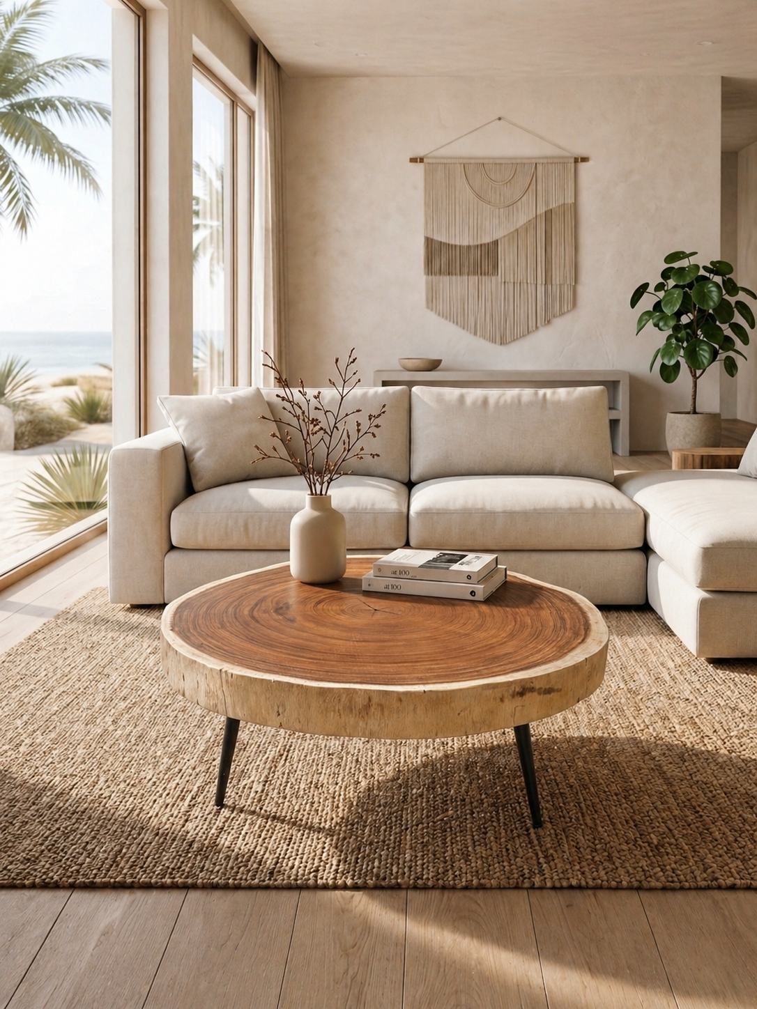 Bumi Round Suar Coffee Table by Broward Design Center, natural wood top with black metal legs on Tampa Home & Garden Store