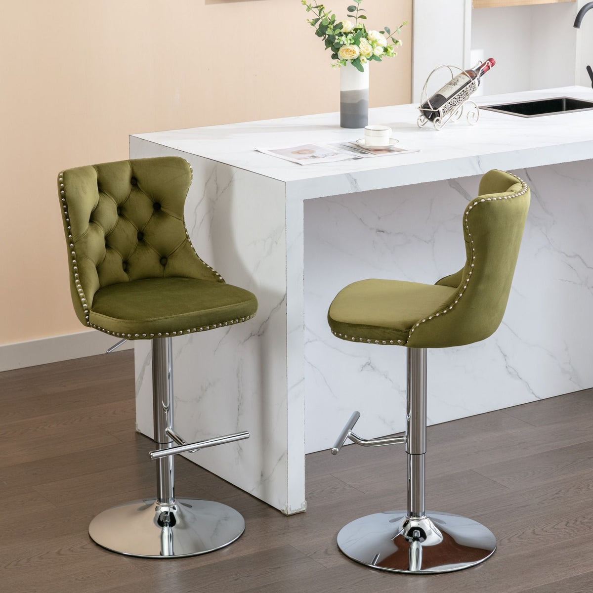 HouseOfZazla swivel adjustable height barstools set of 2 in olive green velvet with chrome pedestal bases on Tampa Home & Garden Store