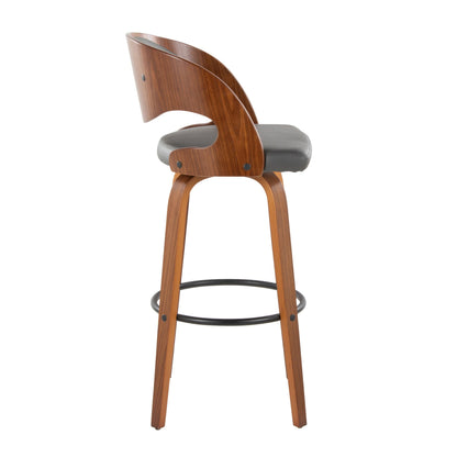 Mid-Century wooden barstool with curved back and dark gray cushioned seat round foot ring on Tampa Home & Garden Store