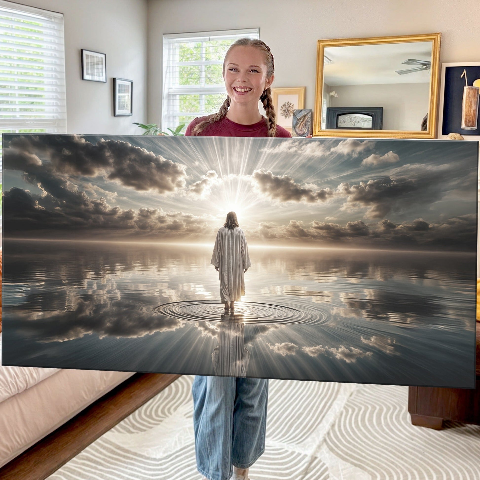 Walking on Water - Faith Wall Art III canvas with a lone figure at sunrise on Tampa Home & Garden Store