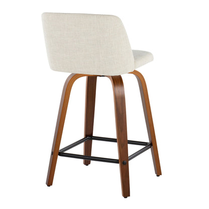 Counter stool set with beige fabric upholstery, swivel seat, square footrest, wood legs on Tampa Home & Garden Store