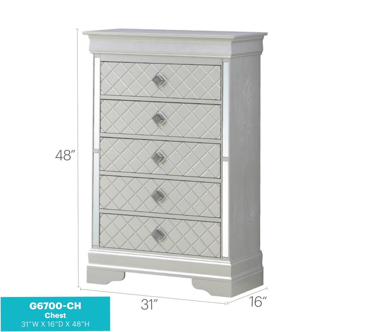 Embossed X Design Accent Chest with crystal pulls pearl silver pattern HouseOfZazla on Tampa Home & Garden Store