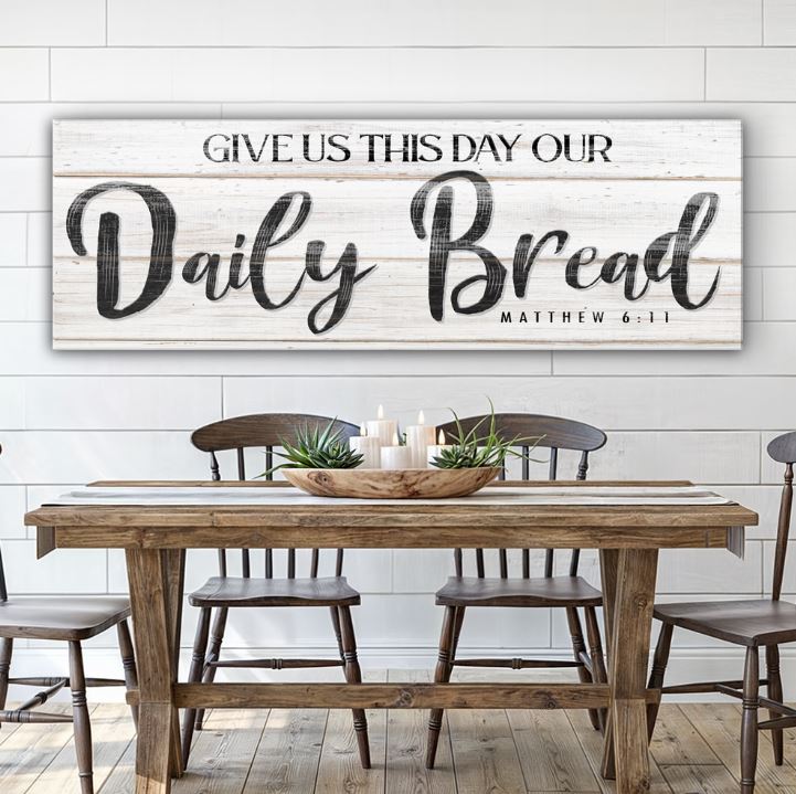 Canvas sign Give Us This Day Our Daily Bread II by Tailored Canvases, rustic whitewashed wood decor on Tampa Home & Garden Store