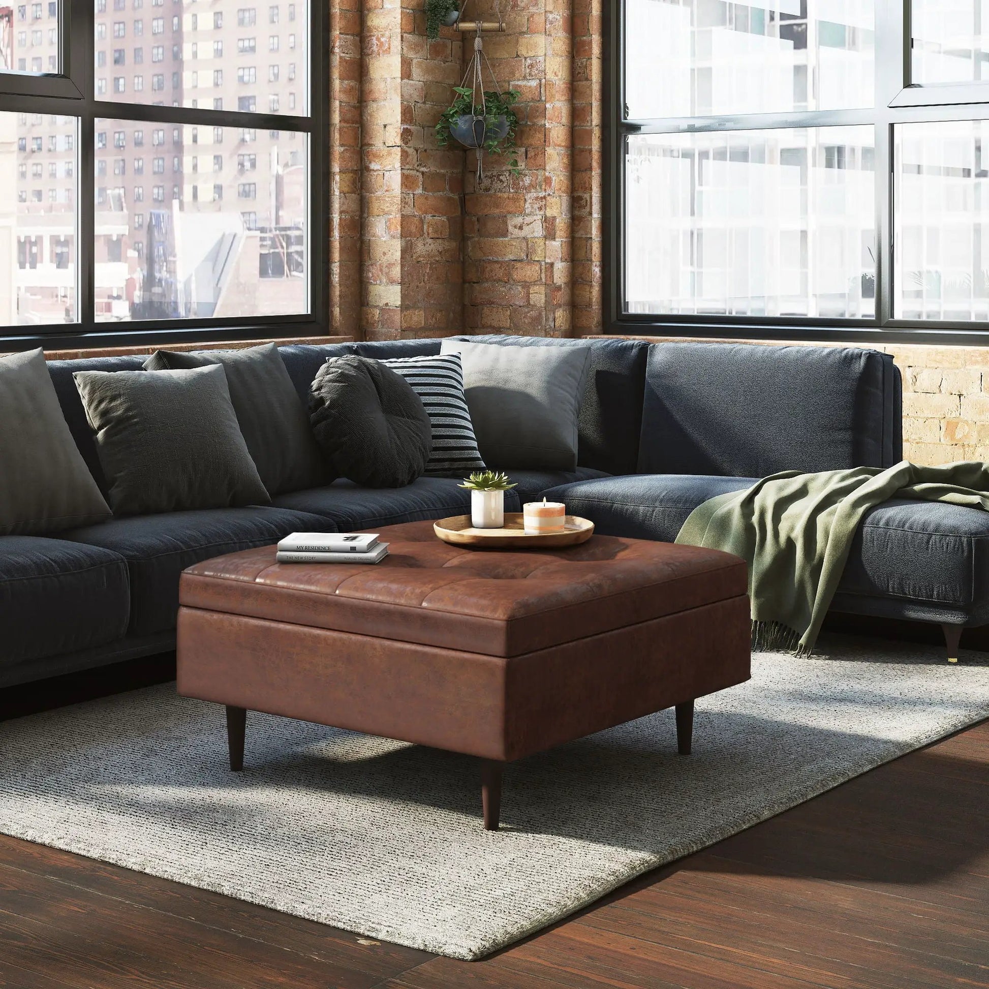 Shay Large Square Coffee Table Storage Ottoman in brown leather with mid-century tapered legs on Tampa Home & Garden Store
