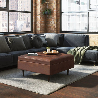 Shay Large Square Coffee Table Storage Ottoman in brown leather with mid-century tapered legs on Tampa Home & Garden Store
