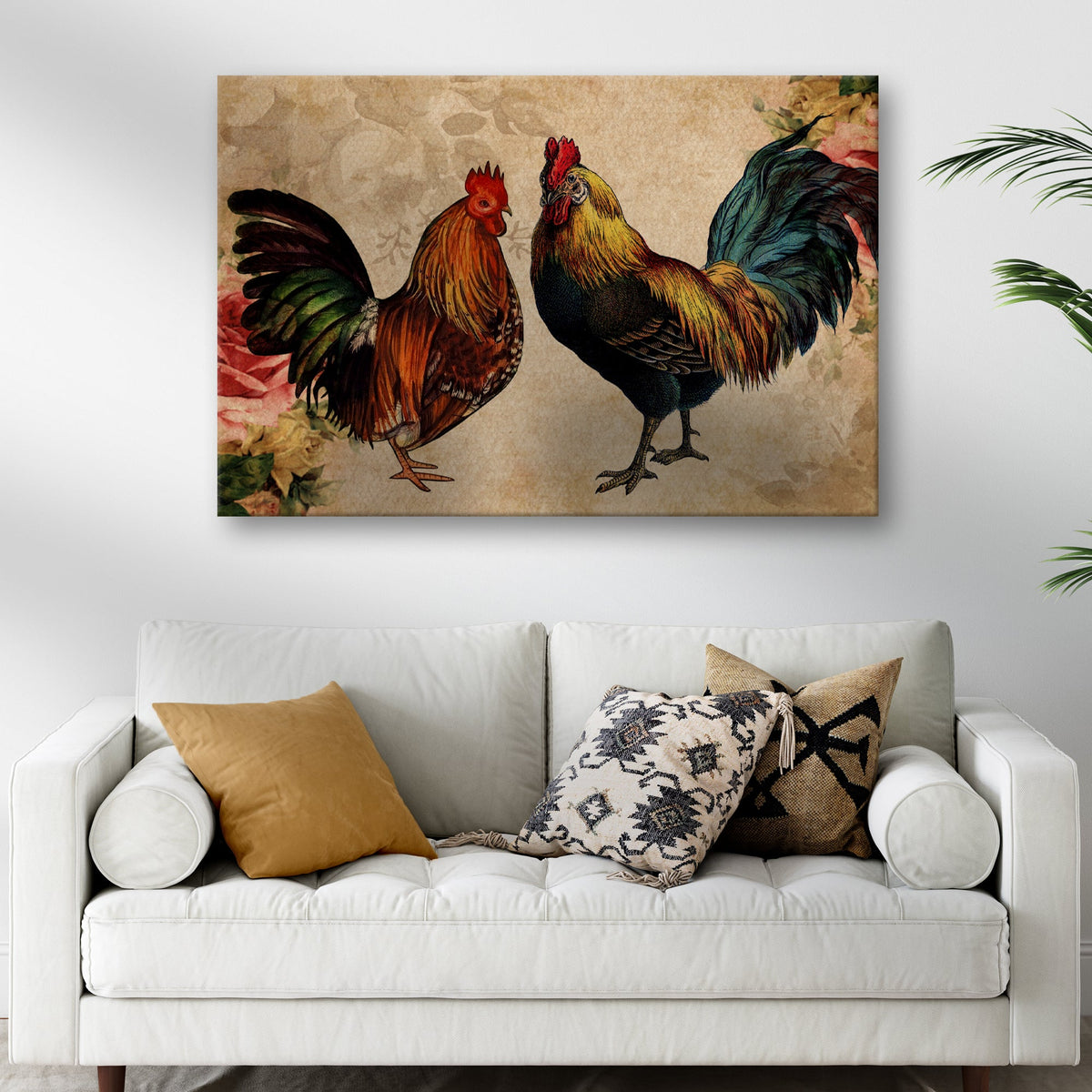 Retro Rooster Chicken Canvas by Tailored Canvases; two roosters on beige floral backdrop on Tampa Home & Garden Store