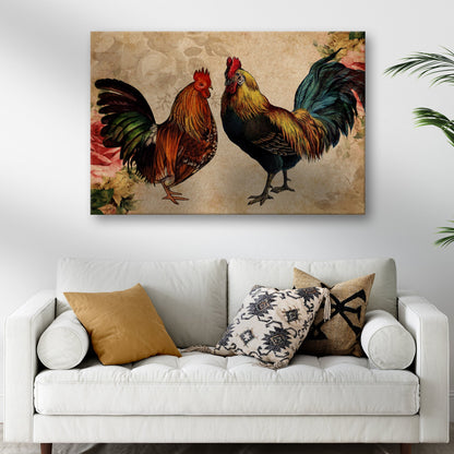Retro Rooster Chicken Canvas by Tailored Canvases; two roosters on beige floral backdrop on Tampa Home & Garden Store