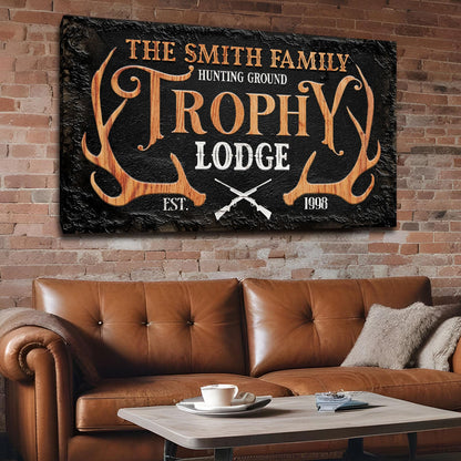 Family Hunting Trophy Lodge Sign Canvas by Tailored Canvases with wood antlers on black grain on Tampa Home & Garden Store