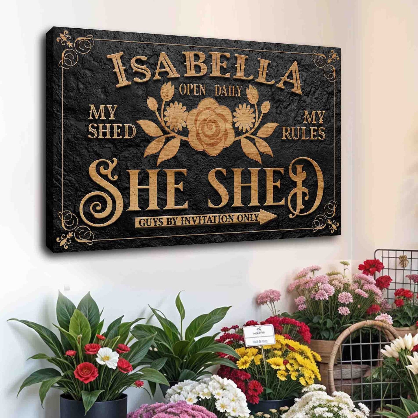Personalized She Shed Sign canvas by Tailored Canvases with black texture and gold text on Tampa Home & Garden Store