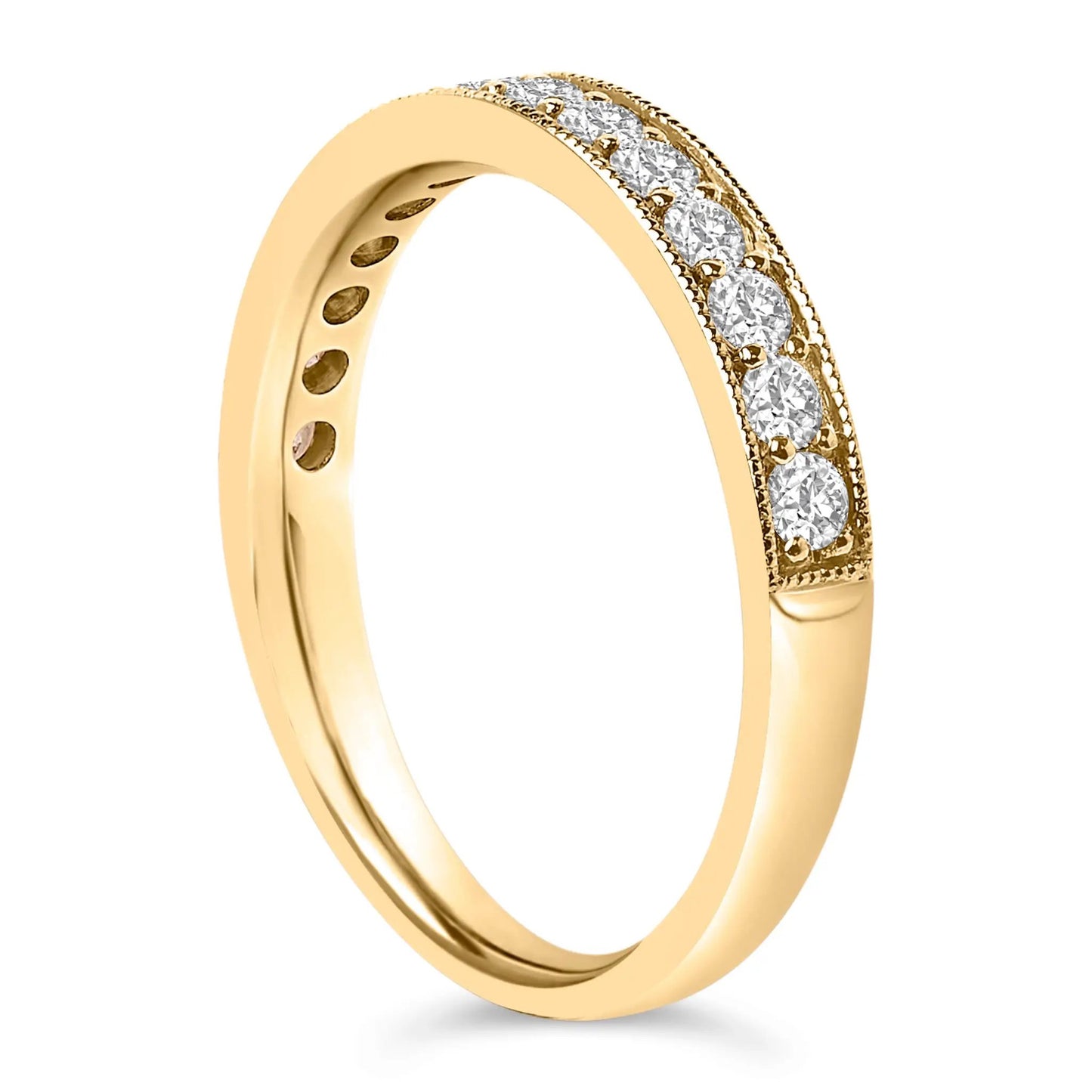 14K yellow gold 1/2 Cttw round diamonds milgrain wedding band with channel-set stones on a slim curved band on Tampa Home & Garden Store
