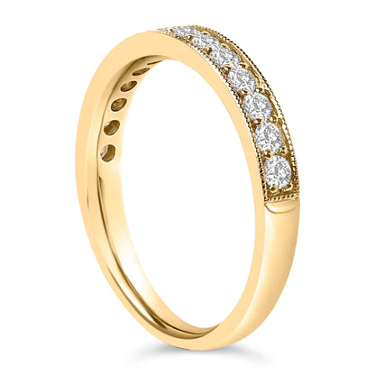 14K yellow gold 1/2 Cttw round diamonds milgrain wedding band with channel-set stones on a slim curved band on Tampa Home & Garden Store