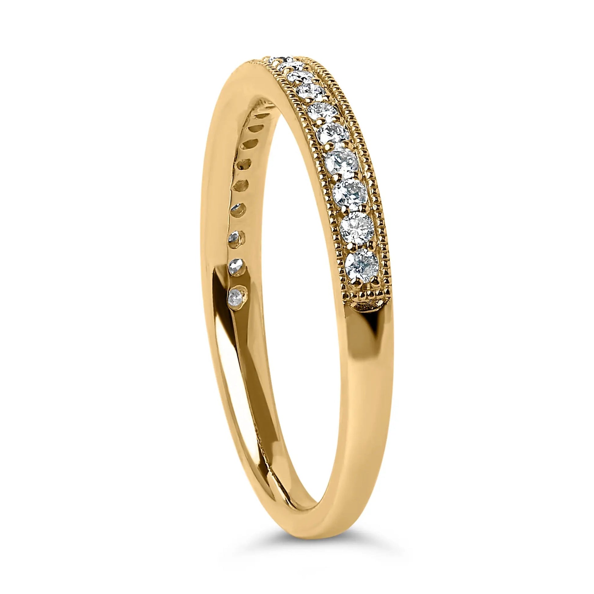 14K yellow gold diamond milgrain wedding band with a row of round diamonds on top milgrain edges on Tampa Home & Garden Store
