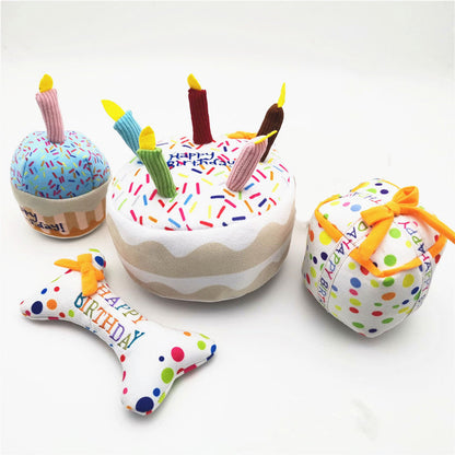 4-piece dog birthday plush set: cake with candles, cupcake, bone and gift box on Tampa Home & Garden Store