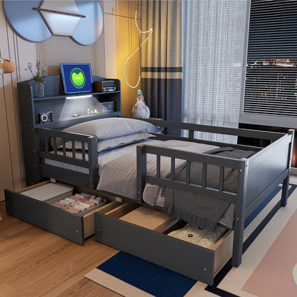 Platform bed with guardrails and two under-bed drawers in dark gray metal frame on Tampa Home & Garden Store