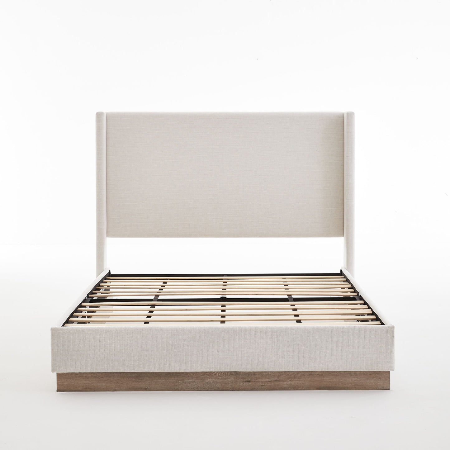 Hosford minimalist upholstered wingback bed beige fabric with wooden base on Tampa Home & Garden Store