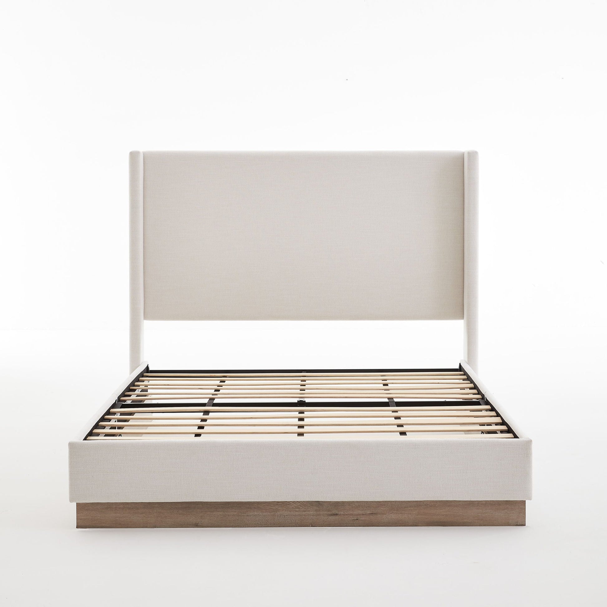 Hosford minimalist upholstered wingback bed beige fabric with wooden base on Tampa Home & Garden Store