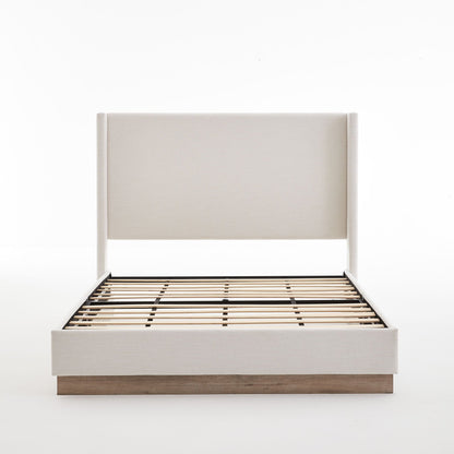 Hosford minimalist upholstered wingback bed beige fabric with wooden base on Tampa Home & Garden Store