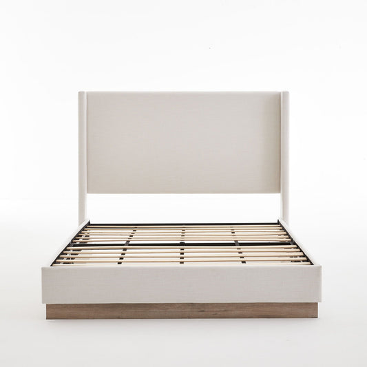 Hosford minimalist upholstered wingback bed beige fabric with wooden base on Tampa Home & Garden Store