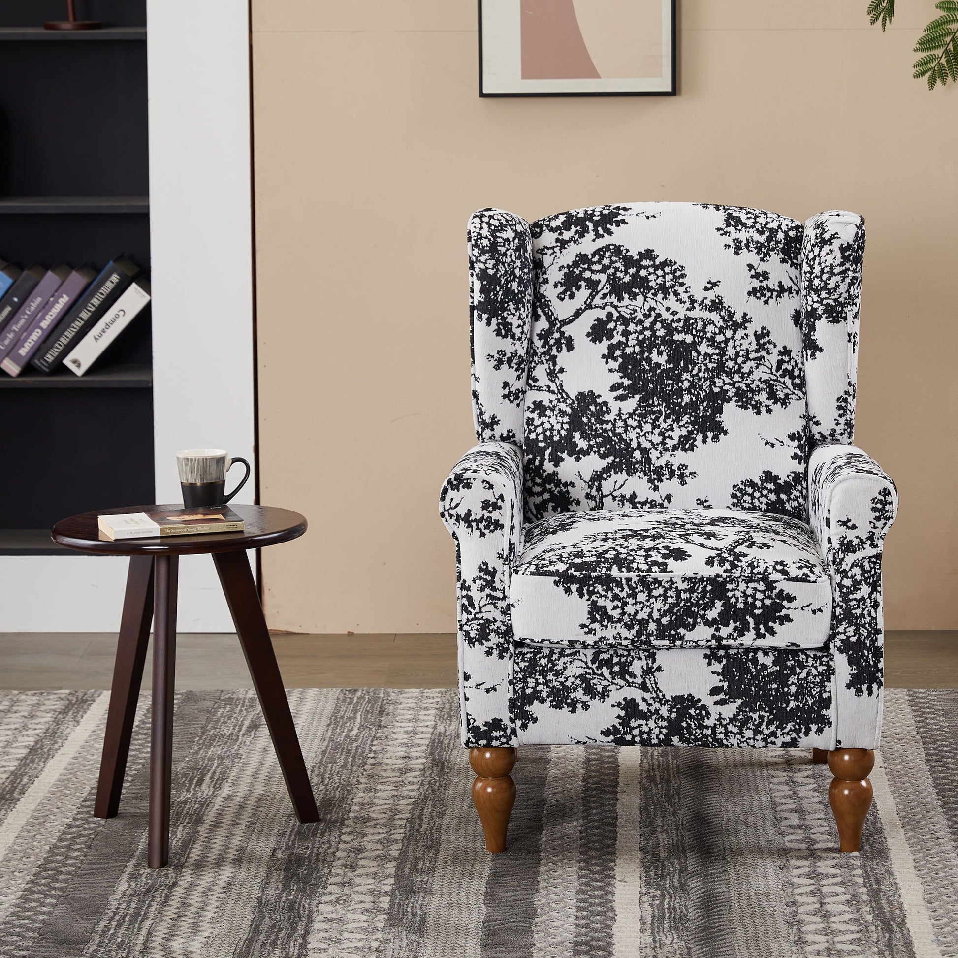 Coffee Table & Armchair Set: damask chair with dark wood legs beside a small round table on Tampa Home & Garden Store