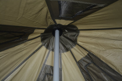 Oxford Bell Tent interior for family camping in olive-brown fabric with a central gray pole on Tampa Home & Garden Store
