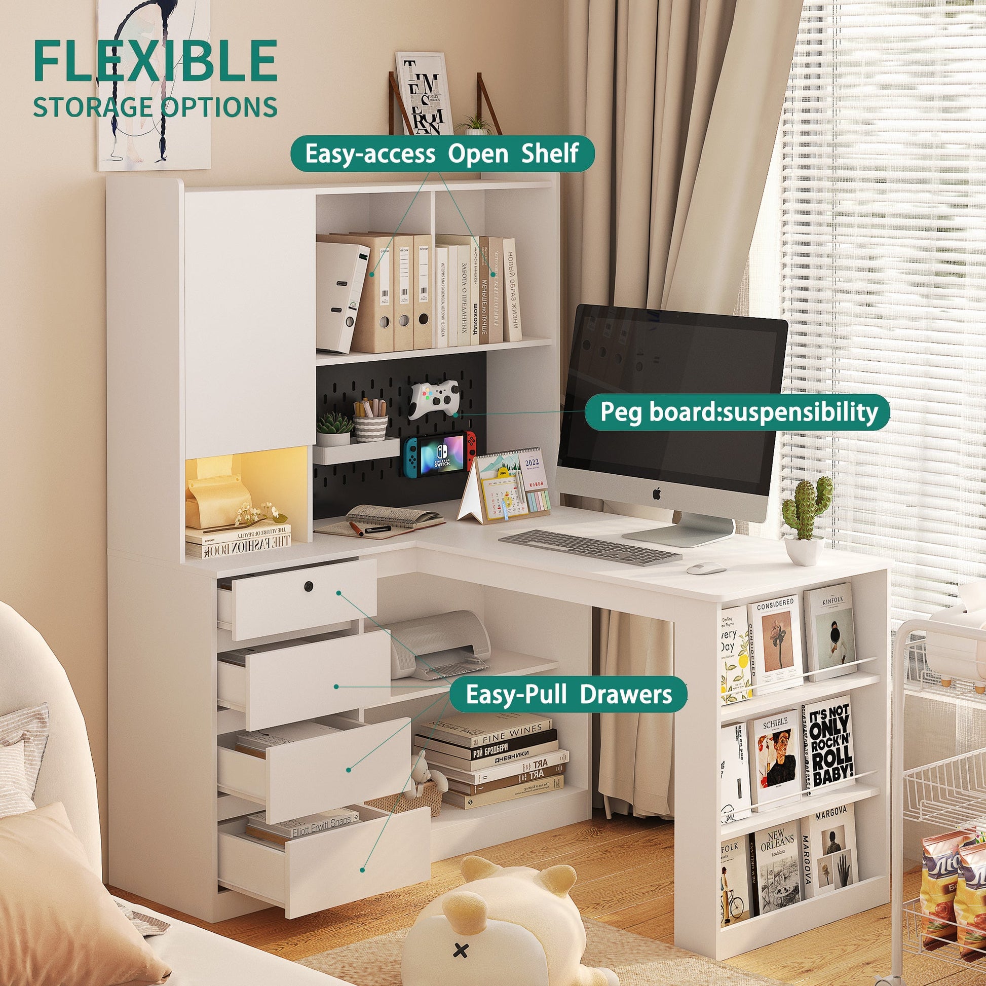 L-shaped office desk with charger, bookshelf with drawers and LED lights, and corner gaming computer desk with storage space - Tampa Home & Garden Store