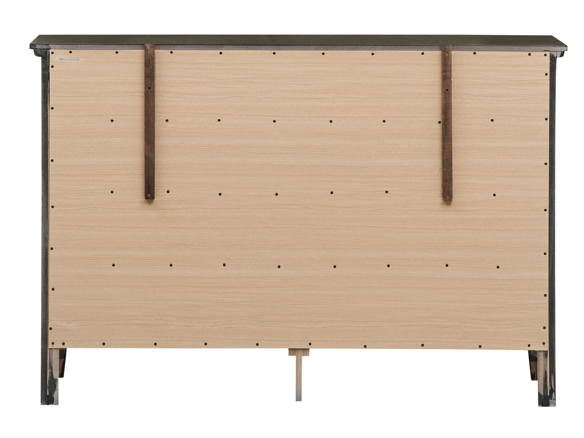 Elegant casual dresser back view with natural wood veneer panels, dark top, HouseOfZazla on Tampa Home & Garden Store