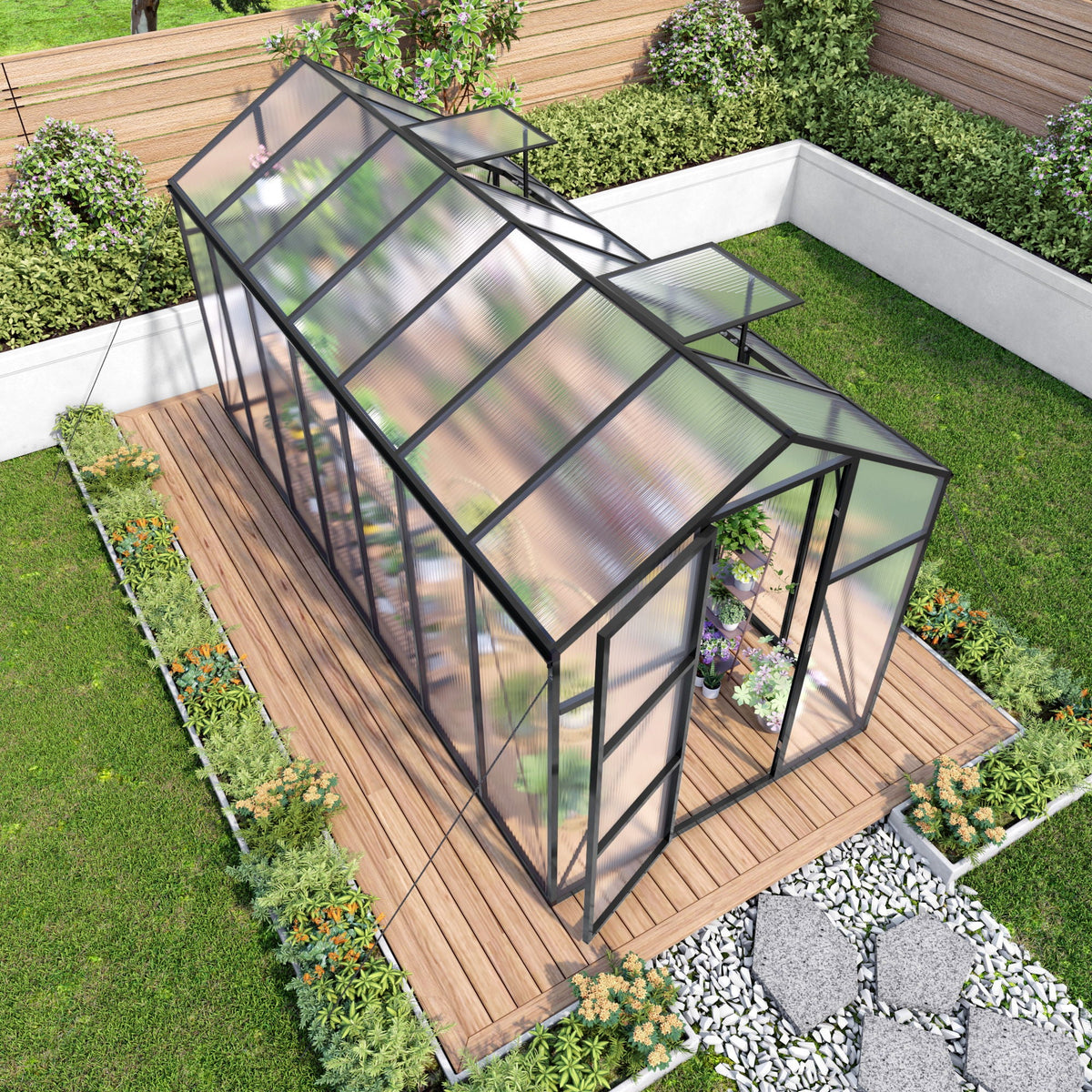 Windproof greenhouse by HouseOfZazla with raised base, black frame and polycarbonate panels on Tampa Home & Garden Store