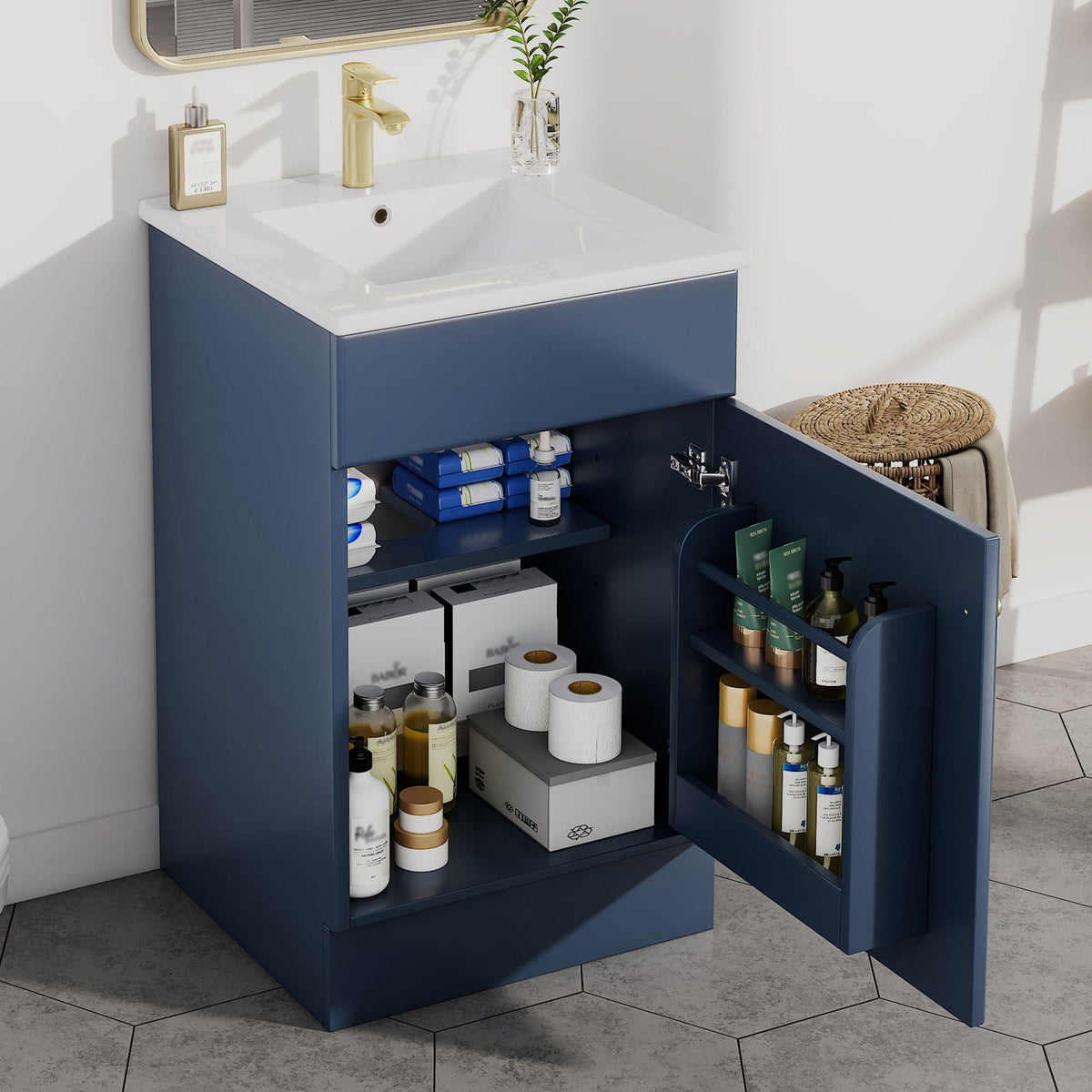 Bathroom vanity with sink and adjustable shelf, blue cabinet, gold faucet on Tampa Home & Garden Store