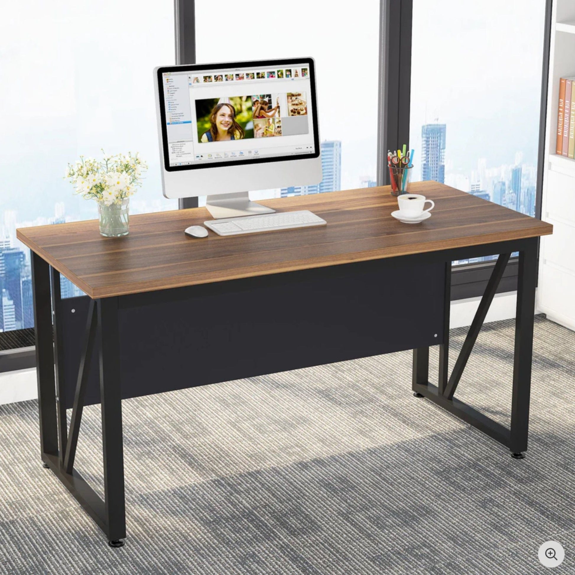 L-shaped executive desk in brown wood with black frame, monitor setup and plant HouseOfZazla on Tampa Home & Garden Store