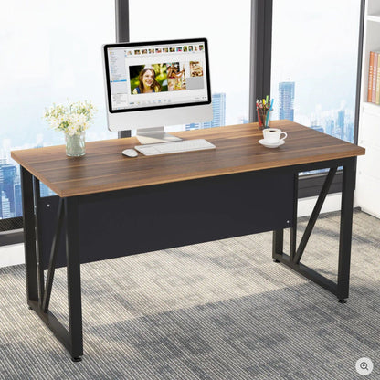 L-shaped executive desk in brown wood with black frame, monitor setup and plant HouseOfZazla on Tampa Home & Garden Store