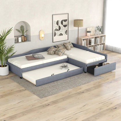 Upholstered double daybed with trundle and drawer in blue fabric on Tampa Home & Garden Store