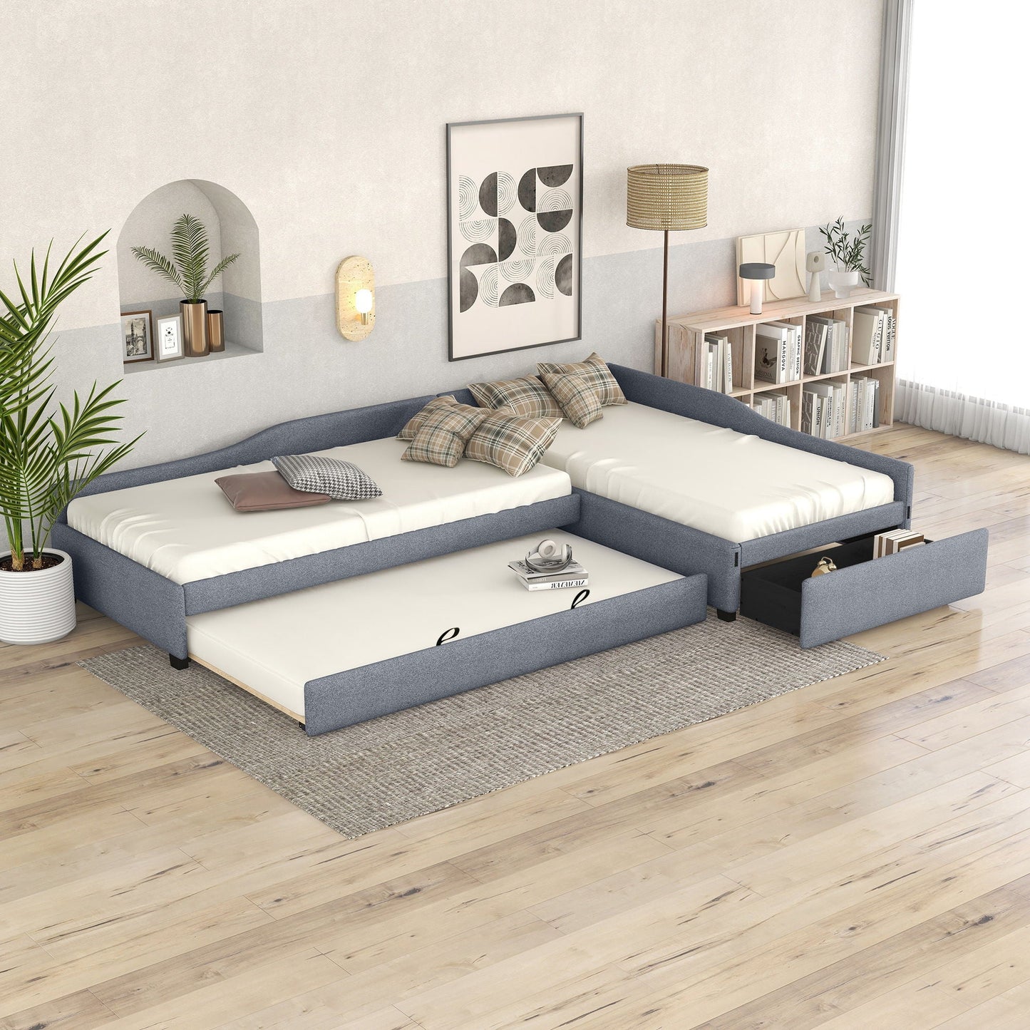 Upholstered double daybed with trundle and drawer in blue gray fabric on Tampa Home & Garden Store