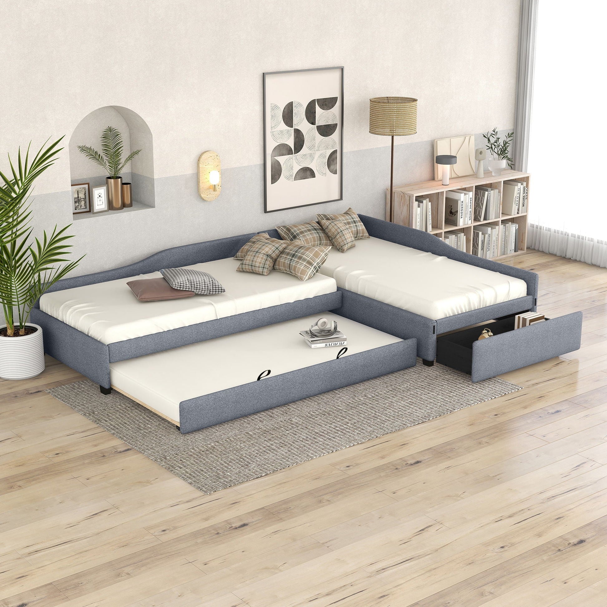Upholstered double daybed with trundle and drawer in blue gray fabric on Tampa Home & Garden Store