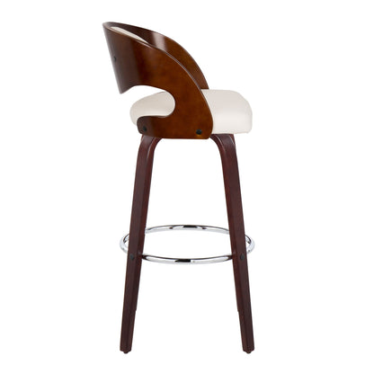 Mid-Century Modern barstool with dark wood back, white upholstered seat, and chrome footring on Tampa Home & Garden Store