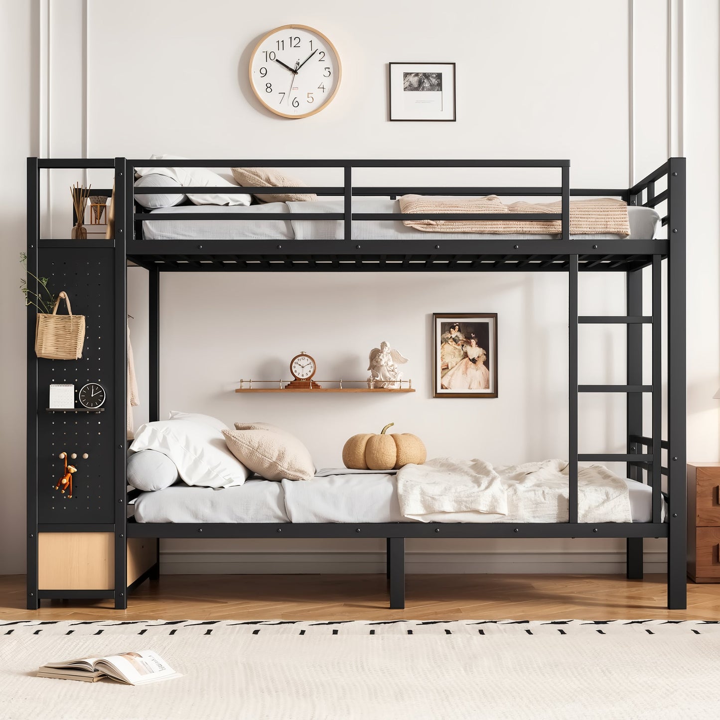 Twin XL over Twin XL metal bunk bed with storage shelves, black finish on Tampa Home & Garden Store