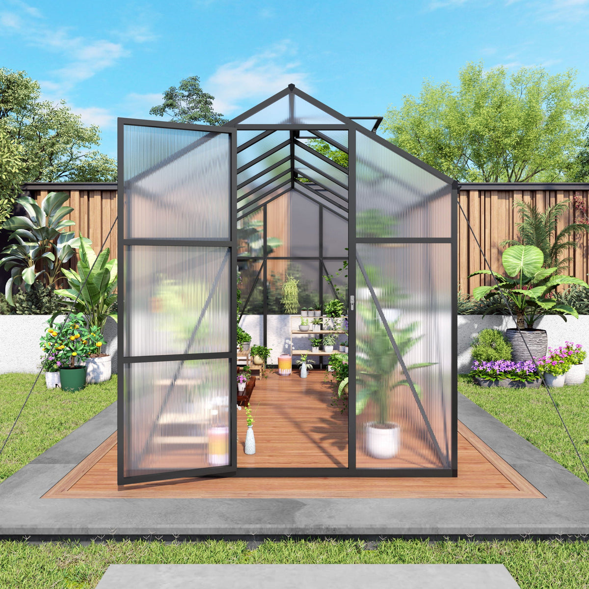 Windproof greenhouse with raised base, polycarbonate panels, black frame by HouseOfZazla on Tampa Home & Garden Store