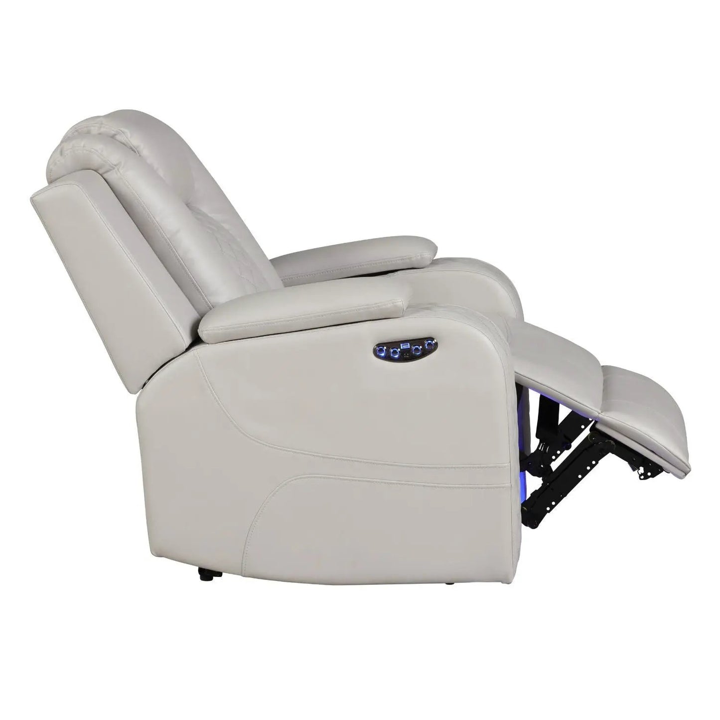 Benz LED Power Recliner with Adjustable Headrest in light gray leather; blue LED accents on Tampa Home & Garden Store
