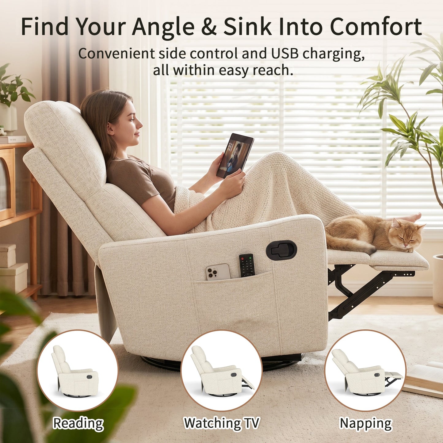 HouseOfZazla manual swivel rocker recliner in beige fabric with side pockets, living room scene on Tampa Home & Garden Store