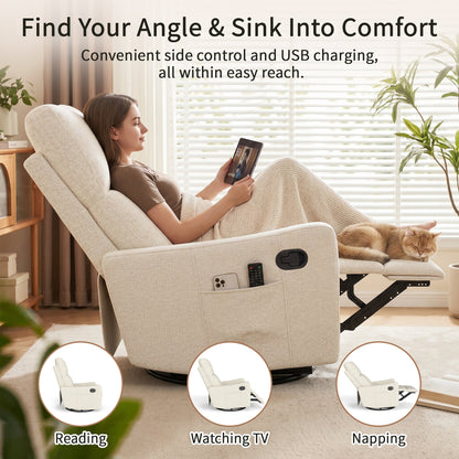 HouseOfZazla manual swivel rocker recliner in beige fabric with side pockets, living room scene on Tampa Home & Garden Store