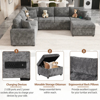 Gray textured sectional sleeper with storage ottoman and 3 pillows, charging devices on Tampa Home & Garden Store