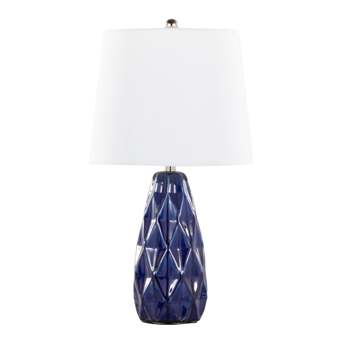 Hex contemporary lamp set of 2 with cobalt blue faceted ceramic base and white drum shade on Tampa Home & Garden Store