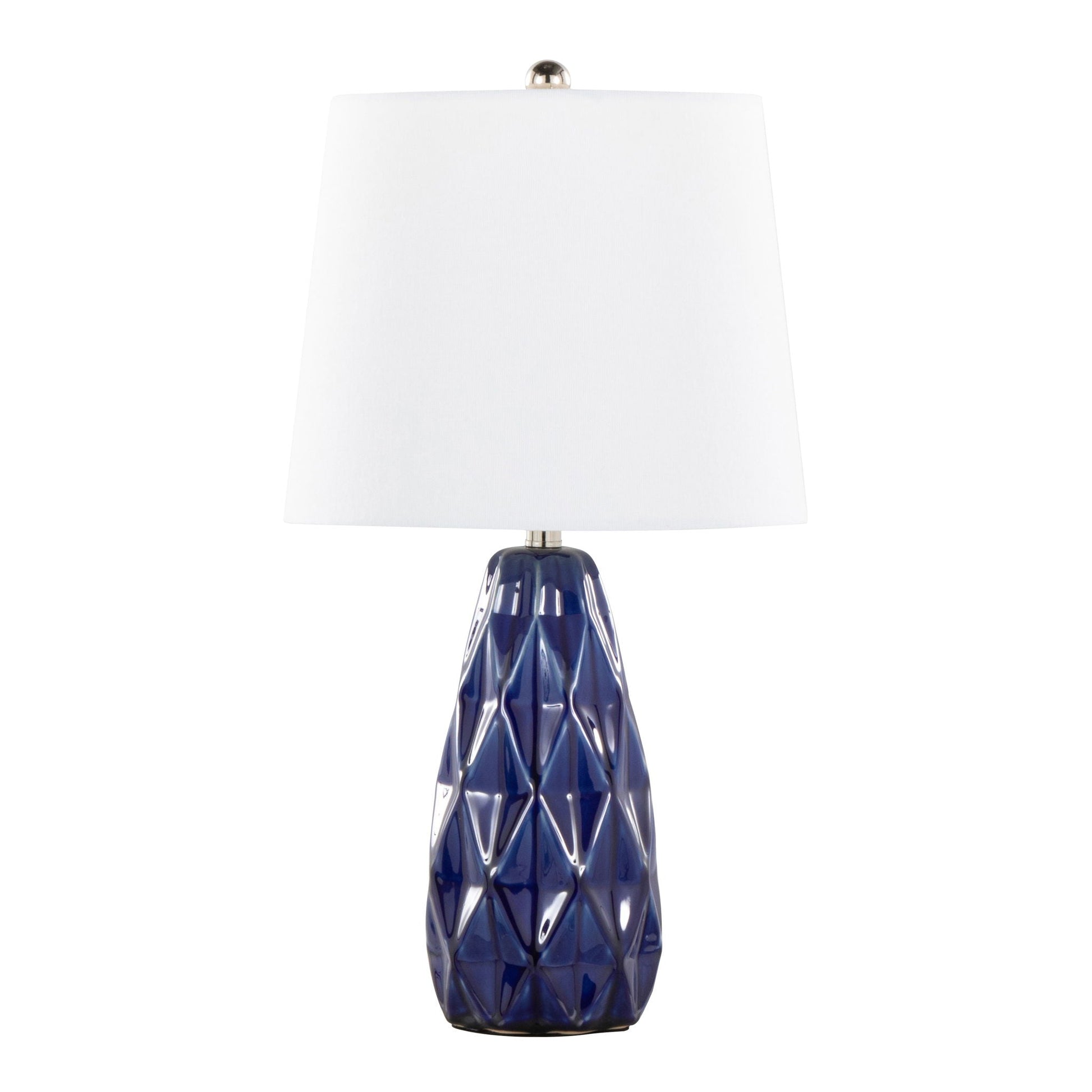 Hex contemporary lamp set of 2 with cobalt blue faceted ceramic base and white drum shade on Tampa Home & Garden Store