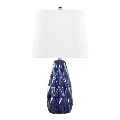 Hex contemporary lamp set of 2 with cobalt blue faceted ceramic base and white drum shade on Tampa Home & Garden Store