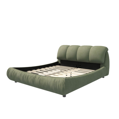 HouseOfZazla upholstered platform bed with padded backrest in olive velvet, solid wood frame on Tampa Home & Garden Store