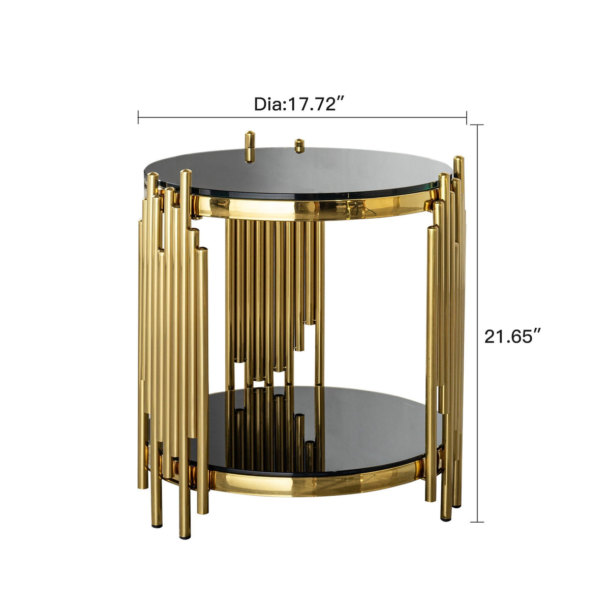 Elegant round side table with double-layer tempered glass top and gold-tone vertical rod frame on Tampa Home & Garden Store