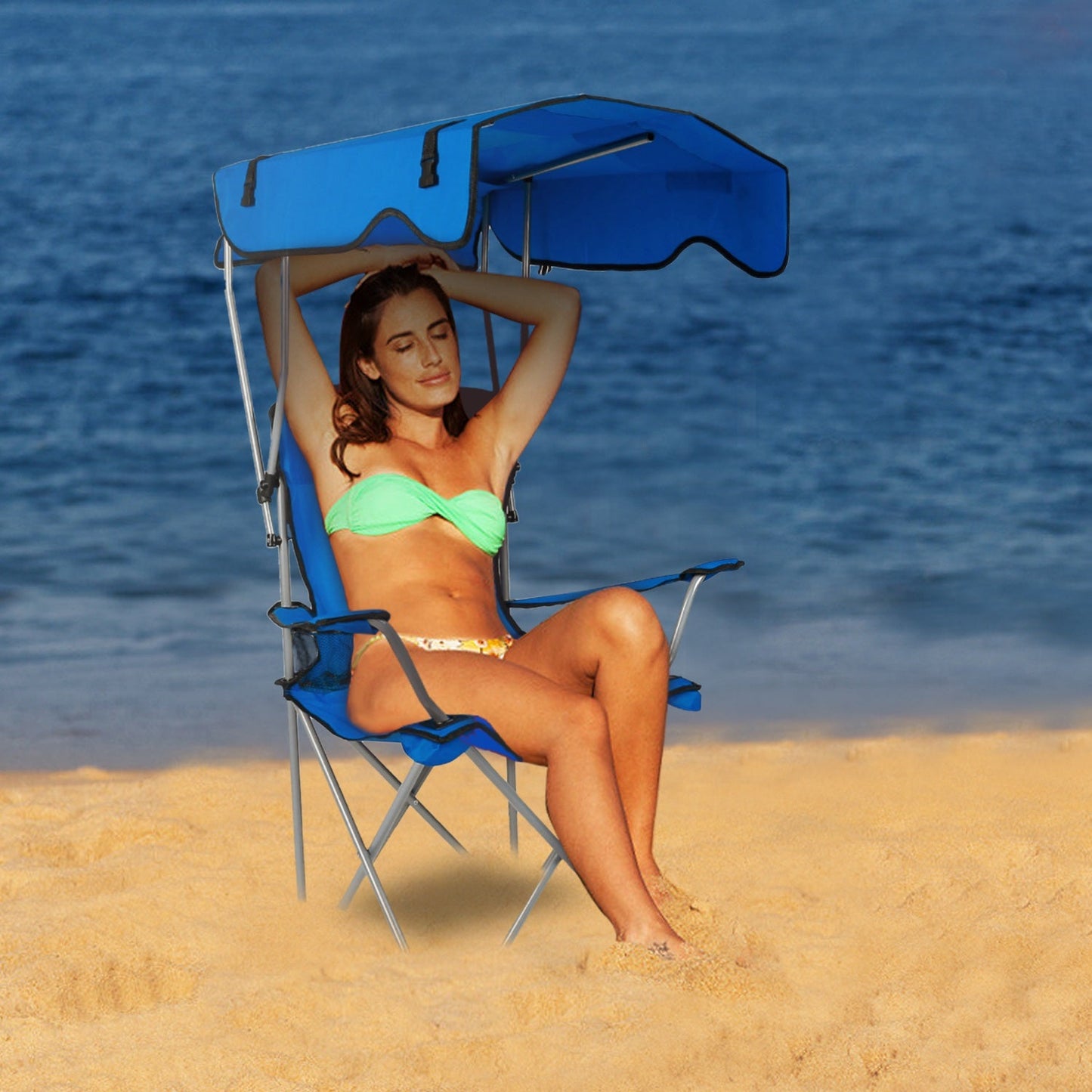 GemGear foldable blue beach canopy chair with cup holder, sturdy folding seat for beach on Tampa Home & Garden Store